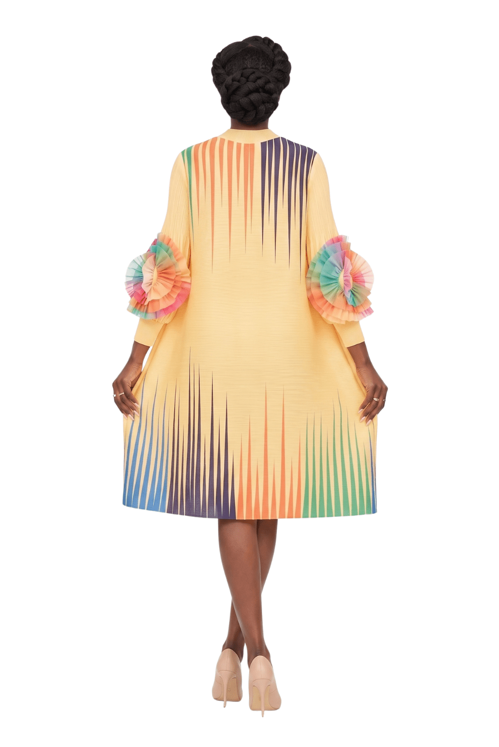 Abstract Pleated Midi Dress with Ruffle Sleeves - Especially Yours
