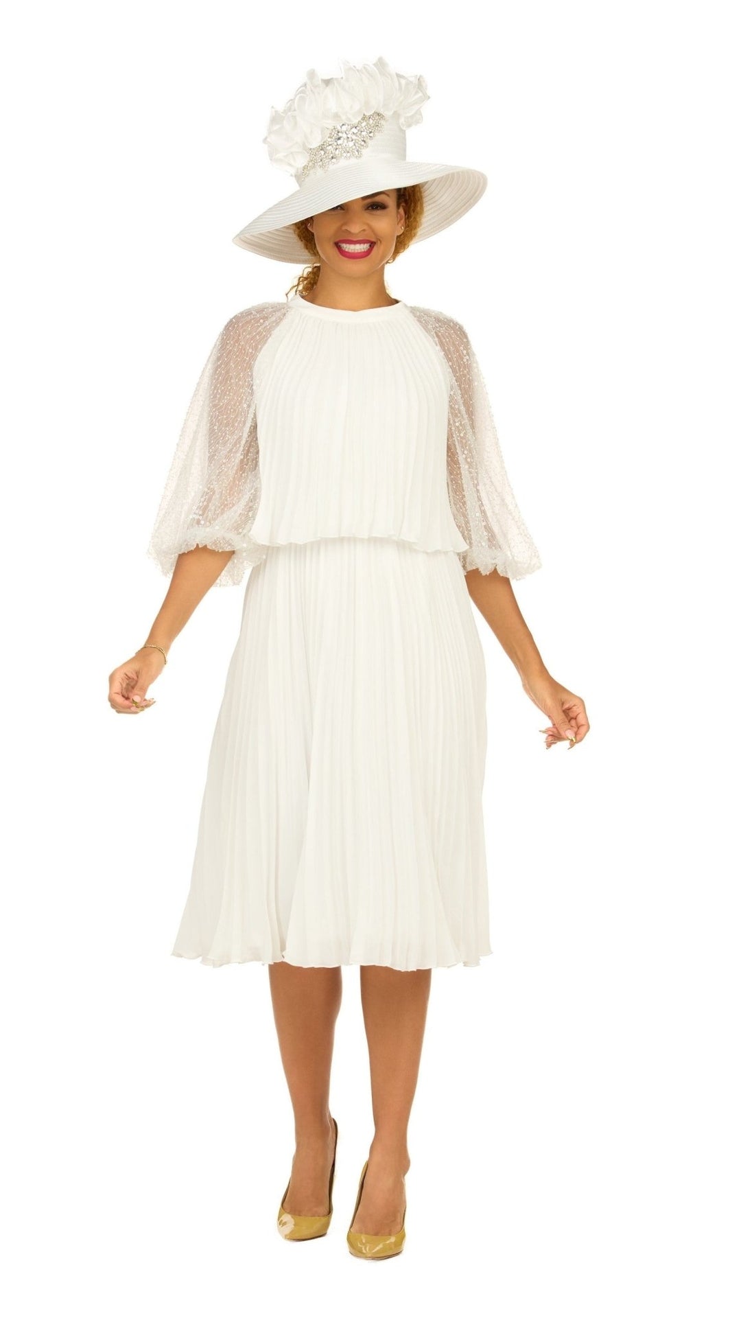Pleated Chiffon Midi Dress w/ Shimmer Mesh Sleeves - Especially Yours