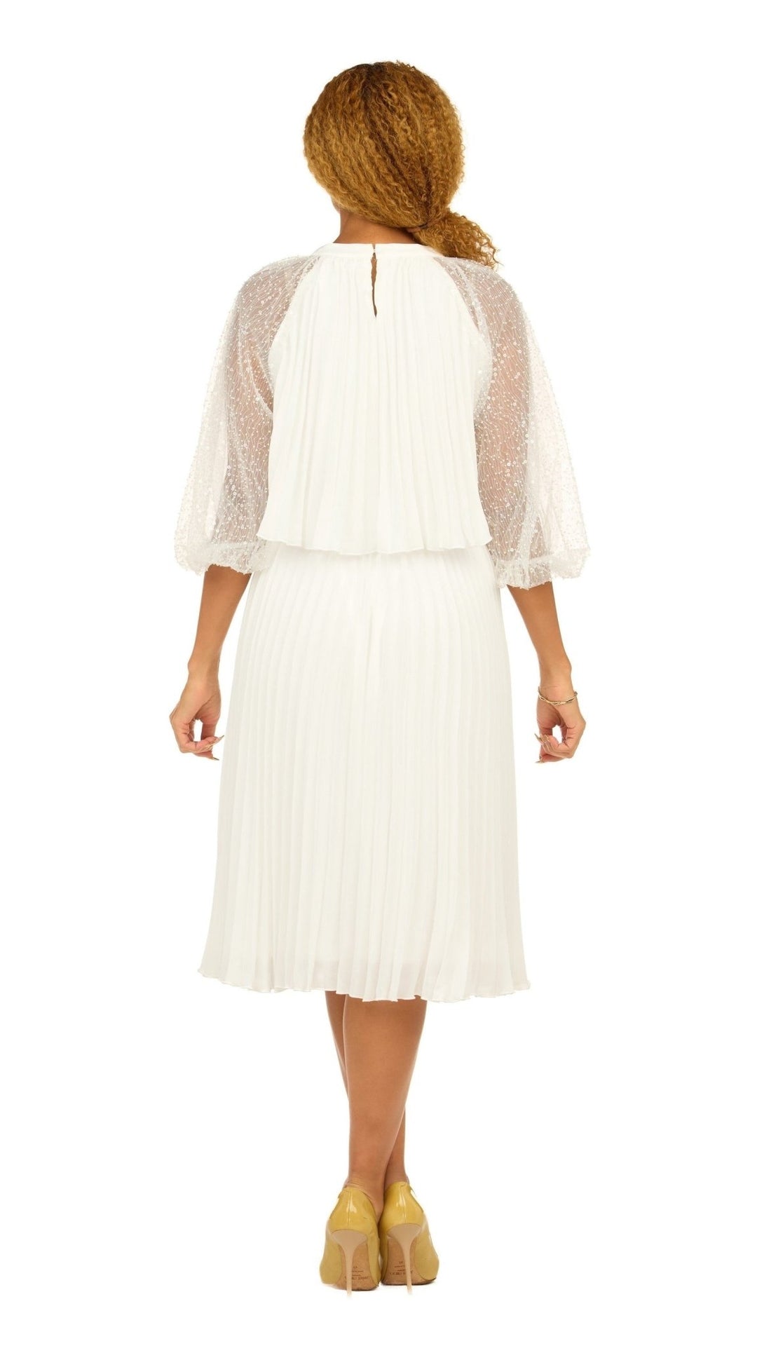 Pleated Chiffon Midi Dress w/ Shimmer Mesh Sleeves - Especially Yours