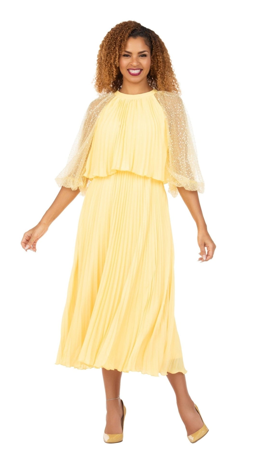 Pleated Chiffon Midi Dress w/ Shimmer Mesh Sleeves - Especially Yours