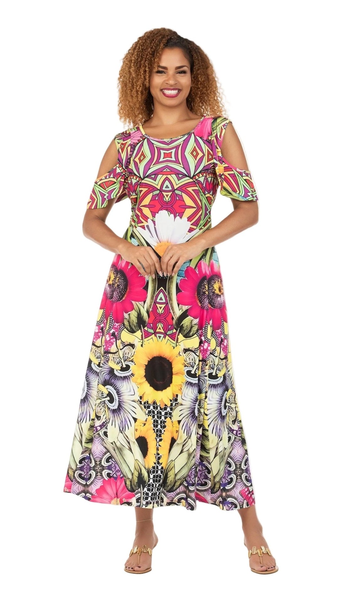 Vibrant Printed Cold-Shoulder Maxi Dress - Especially Yours
