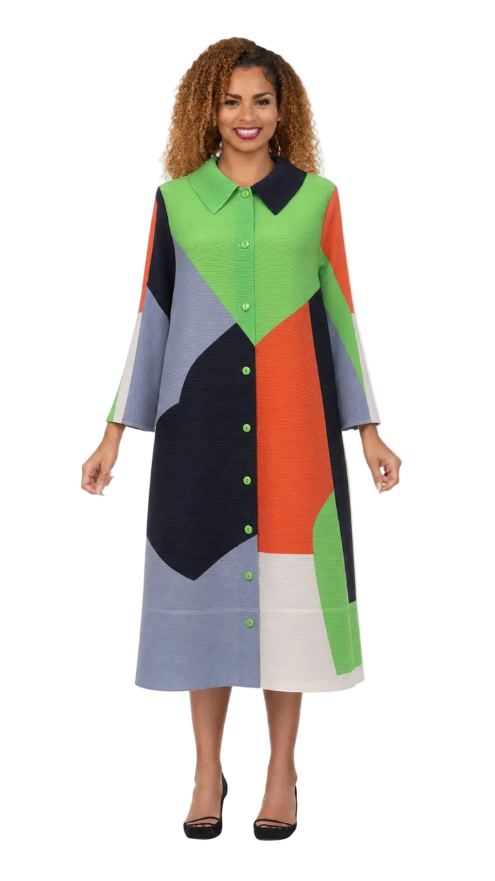 Geo Colorblock Button-Down Bouncy Dress