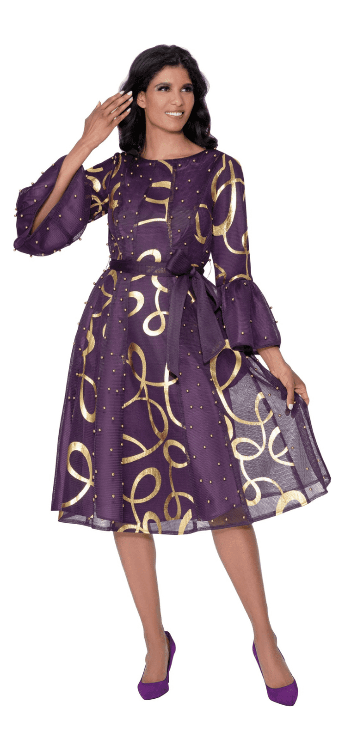 Gold Swirl Midi Dress with Mesh Overlay, Gold Beads and Sash Belt DN100541 - Especially Yours Purple / 10 Gold Swirl Midi Dress with Mesh Overlay, Gold Beads and Sash Belt DN100541 - Especially Yours Purple / 10