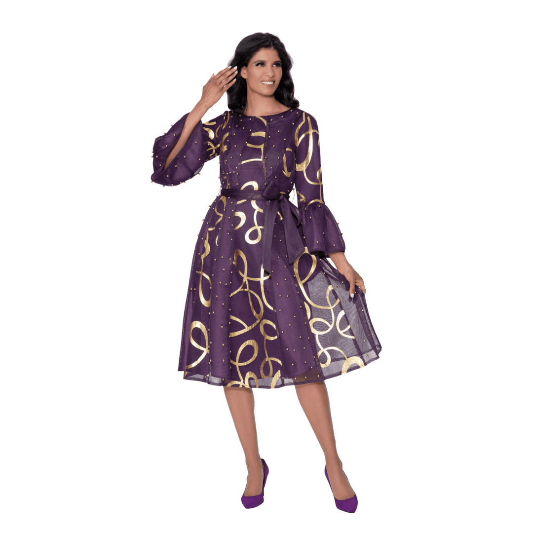 Gold Swirl Midi Dress with Mesh Overlay, Gold Beads and Sash Belt DN100541 - Especially Yours