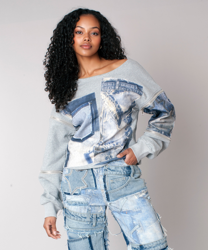Denim Patchwork Sweatshirt - 82941