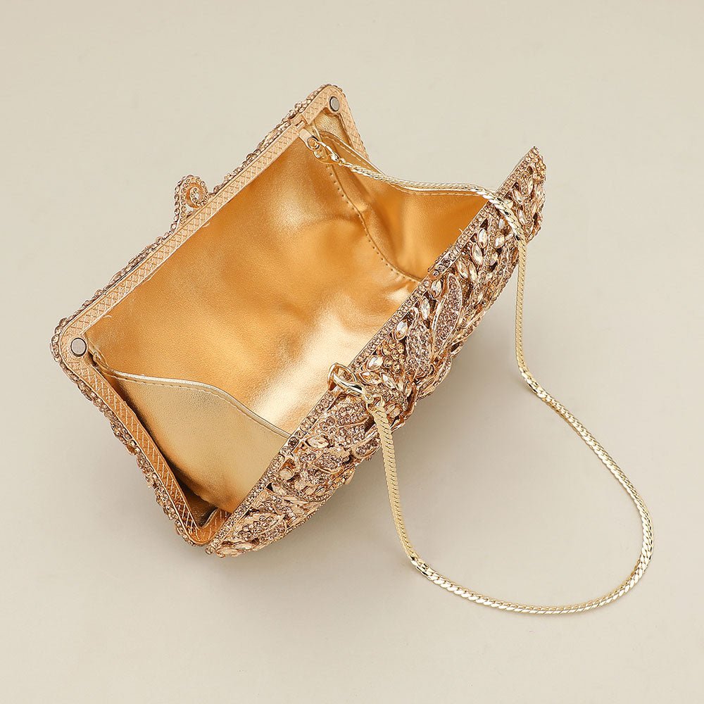 Crystal Rhinestone Embellished Floral Frame Evening Clutch Shoulder Bag - Especially Yours