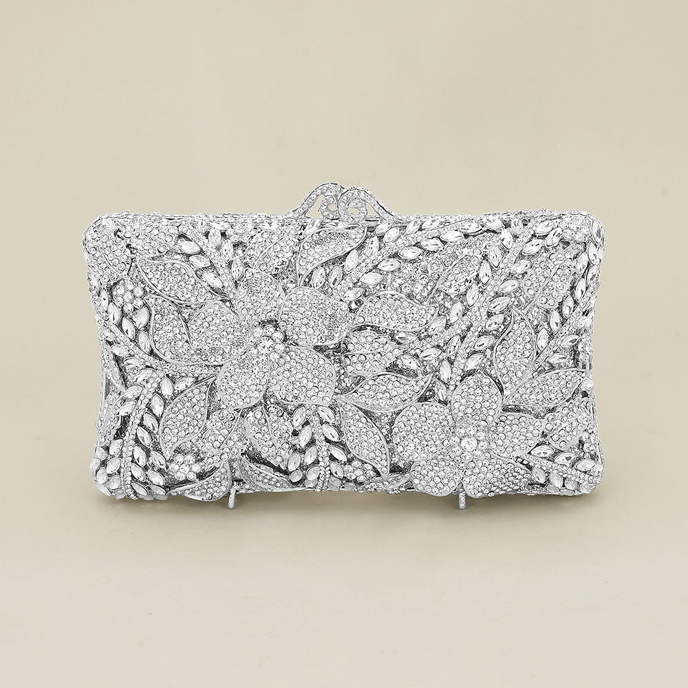 Crystal Rhinestone Embellished Floral Frame Evening Clutch Shoulder Bag - Especially Yours