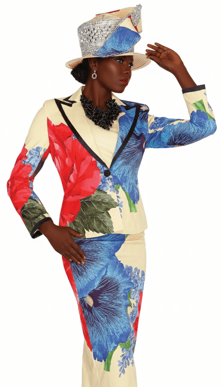 Aussie Austine 6152 Three - Piece Floral Print Skirt Suit with Peak Collar - Especially Yours