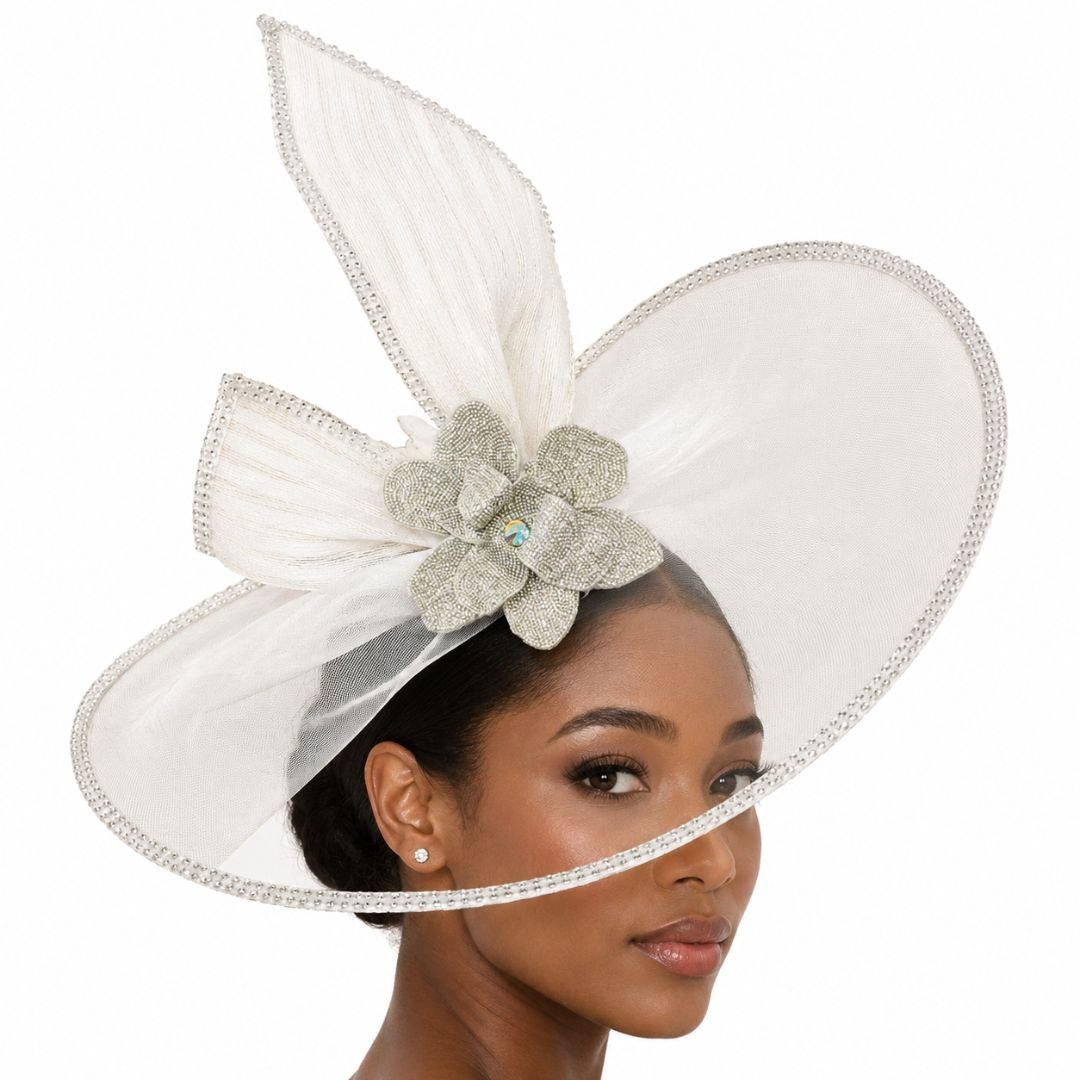 Archangel ivory rhinestone fascinator headband hat front view | Especially Yours