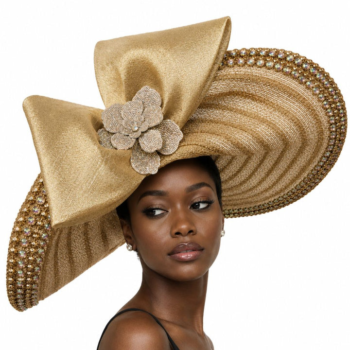 Paige Whittall and Shon gold wide brim couture church hat front view | Especially Yours