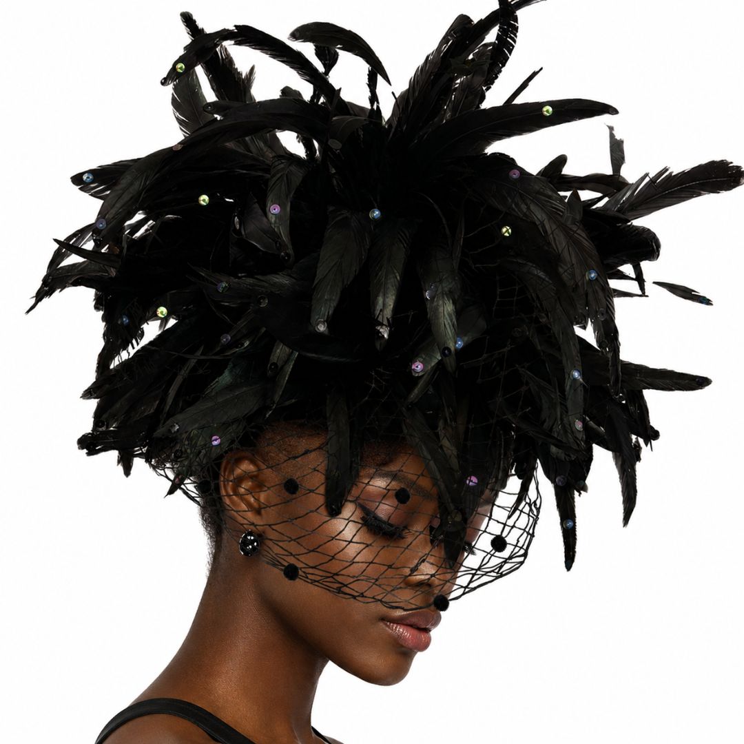 Regalia Whittall and Shon black feather veil fascinator hat front view | Especially Yours