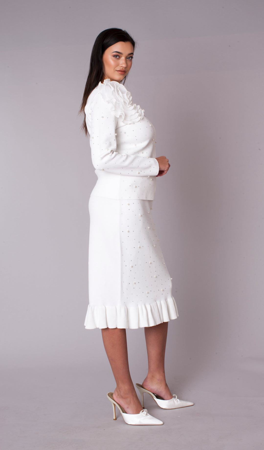 Elegant Floral Appliqué Skirt Suit Set - 5393