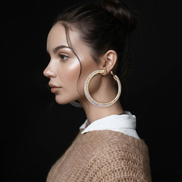 High-quality fashion 2.75-inch embellished hoop earrings with maximum shine.