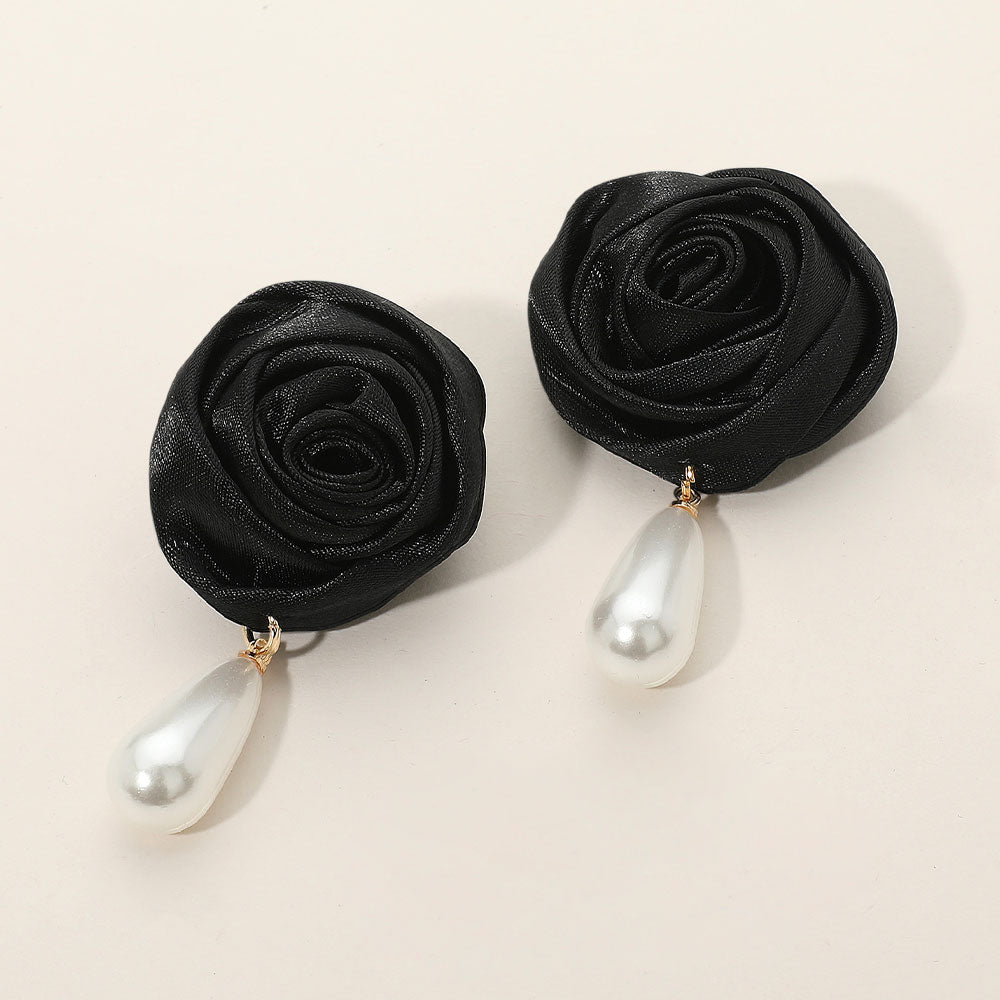 Teardrop Pearl Dangle Satin Rose Earrings - Especially Yours