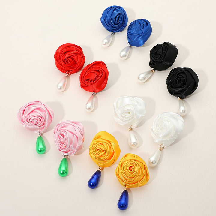Teardrop Pearl Dangle Satin Rose Earrings - Especially Yours