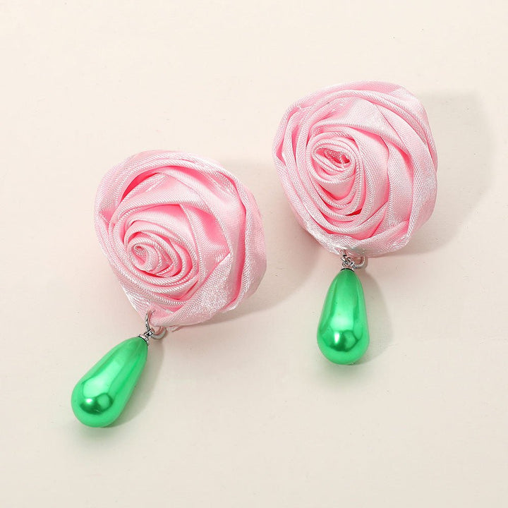 Teardrop Pearl Dangle Satin Rose Earrings - Especially Yours