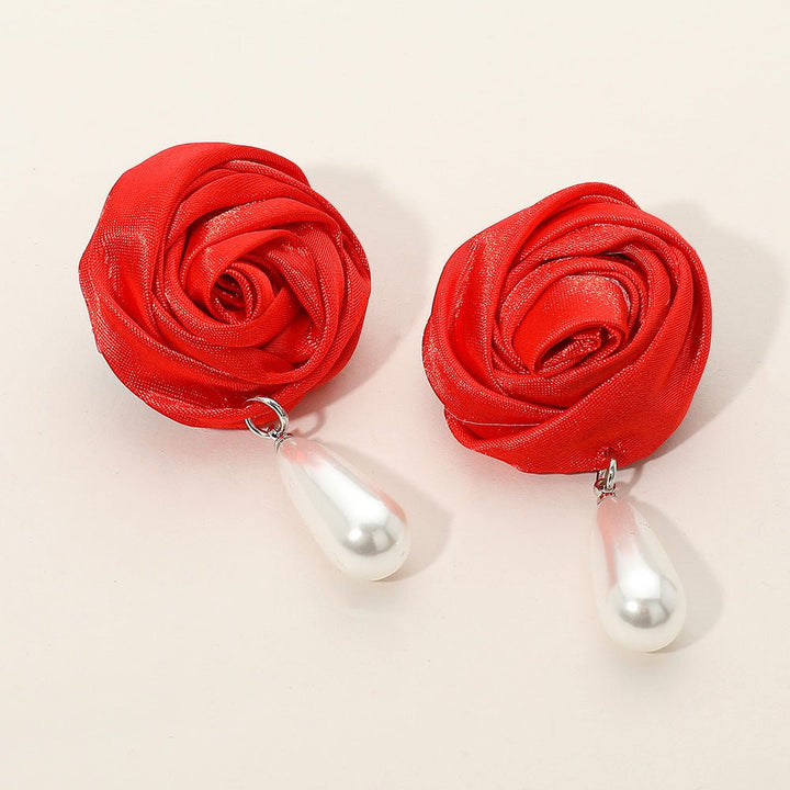 Teardrop Pearl Dangle Satin Rose Earrings - Especially Yours