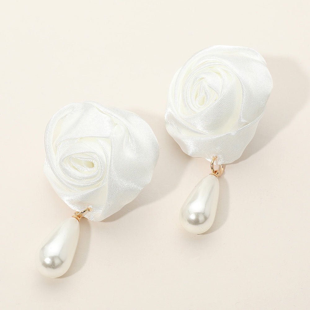 Teardrop Pearl Dangle Satin Rose Earrings - Especially Yours