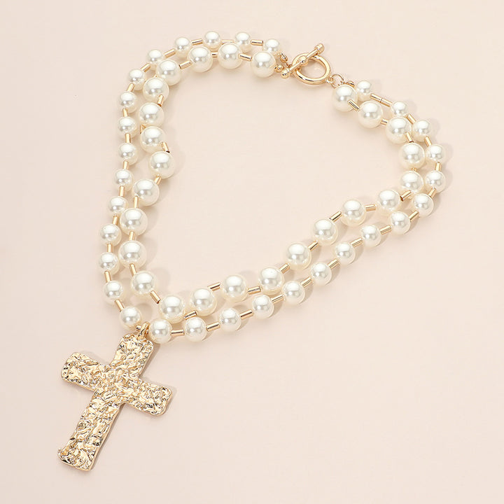 Bold Hammered Metal Cross Pendant Pearl Beaded Layered Necklace - FN2822