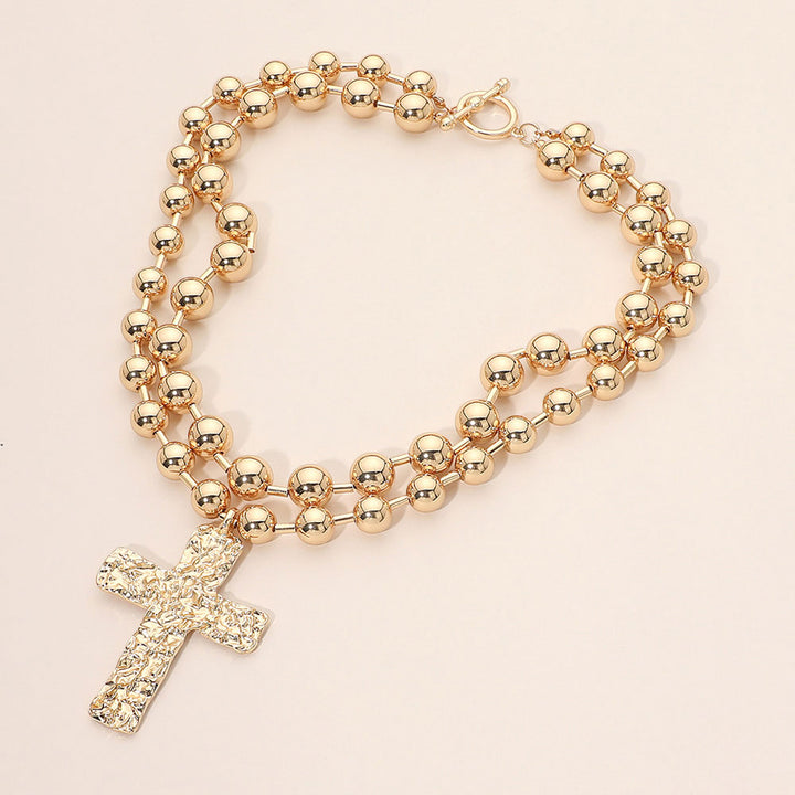 Bold Hammered Metal Cross Pendant Pearl Beaded Layered Necklace - FN2822