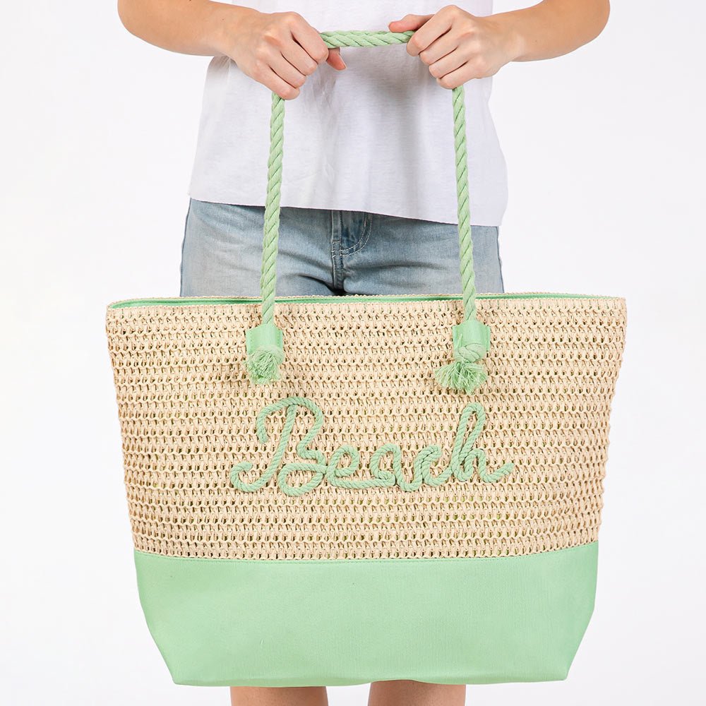 BEACH Message Embroidered Rope Handle Crochet Fabric Tote Beach Bag - Especially Yours