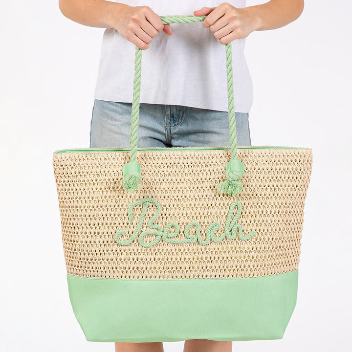 BEACH Message Embroidered Rope Handle Crochet Fabric Tote Beach Bag - Especially Yours