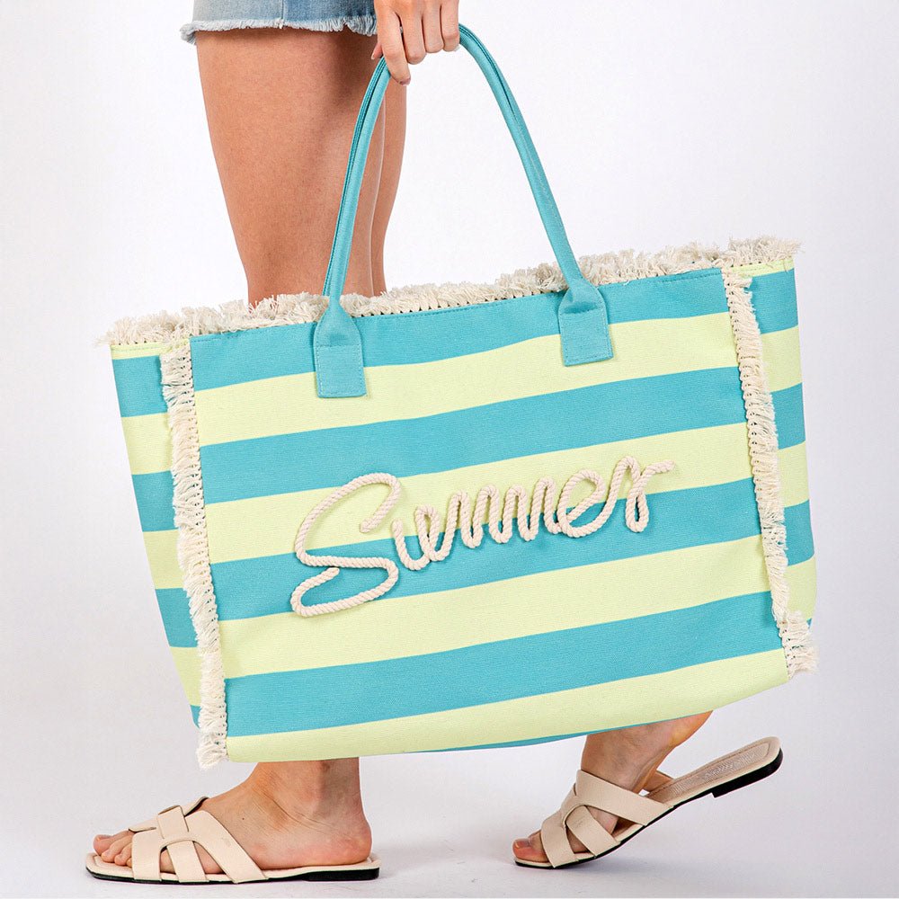 SUMMER Message Embroidered Fringe Striped Tote Beach Bag - Especially Yours