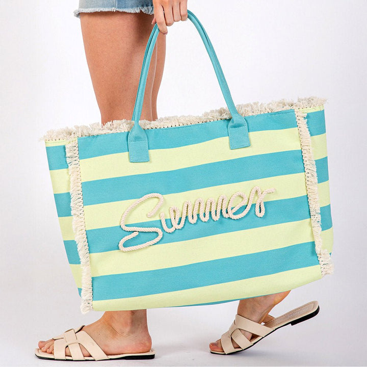 SUMMER Message Embroidered Fringe Striped Tote Beach Bag - Especially Yours