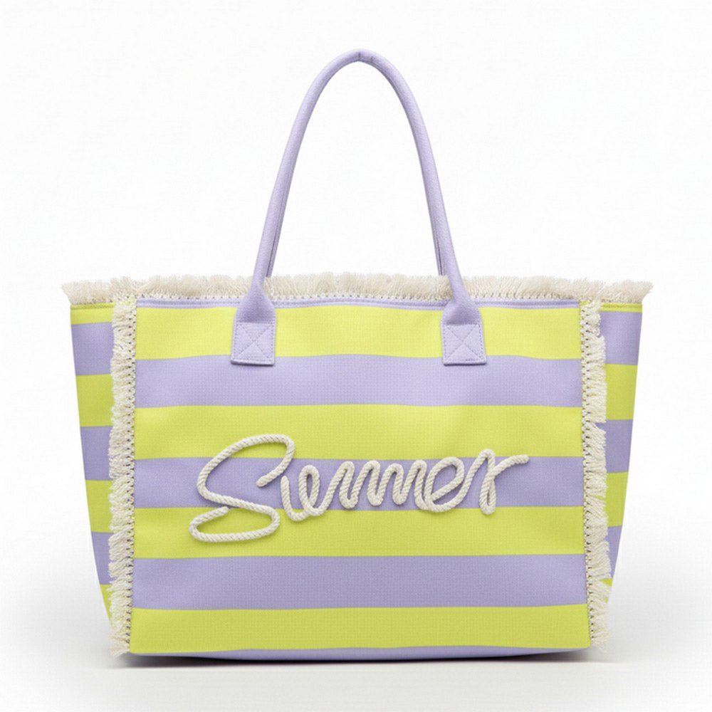 SUMMER Message Embroidered Fringe Striped Tote Beach Bag - Especially Yours