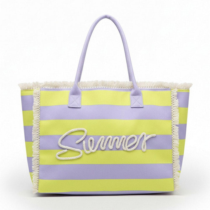 SUMMER Message Embroidered Fringe Striped Tote Beach Bag - Especially Yours