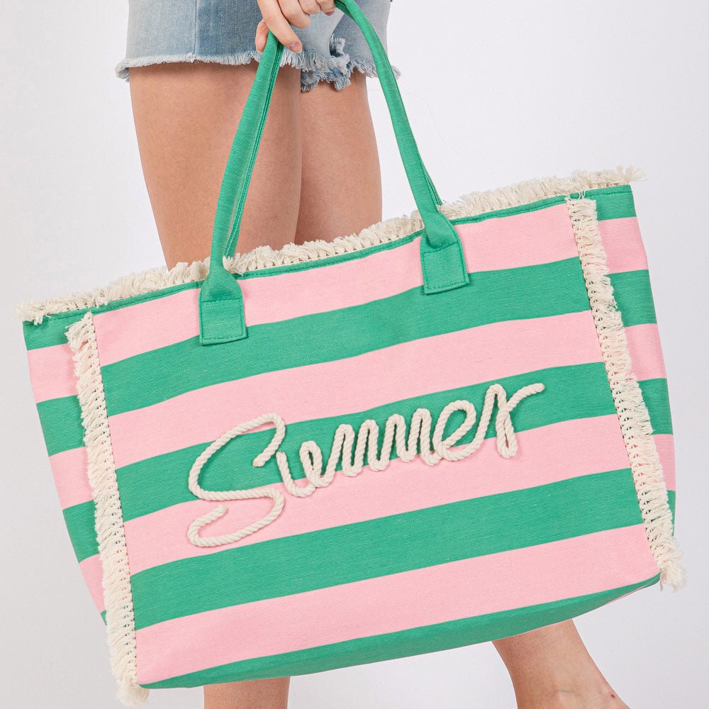 SUMMER Message Embroidered Fringe Striped Tote Beach Bag - Especially Yours