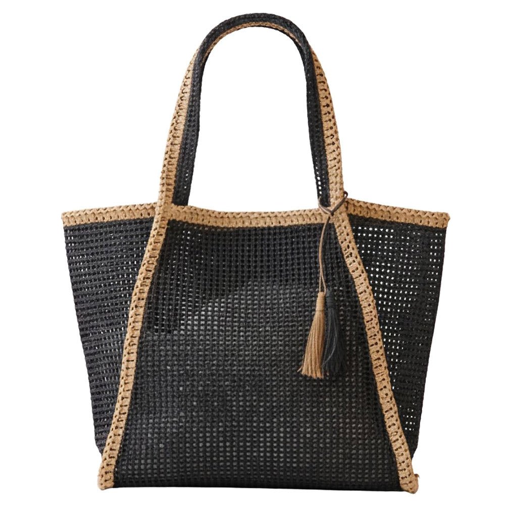 Tassel Accent Two Tone Woven Straw Tote Bag - Especially Yours