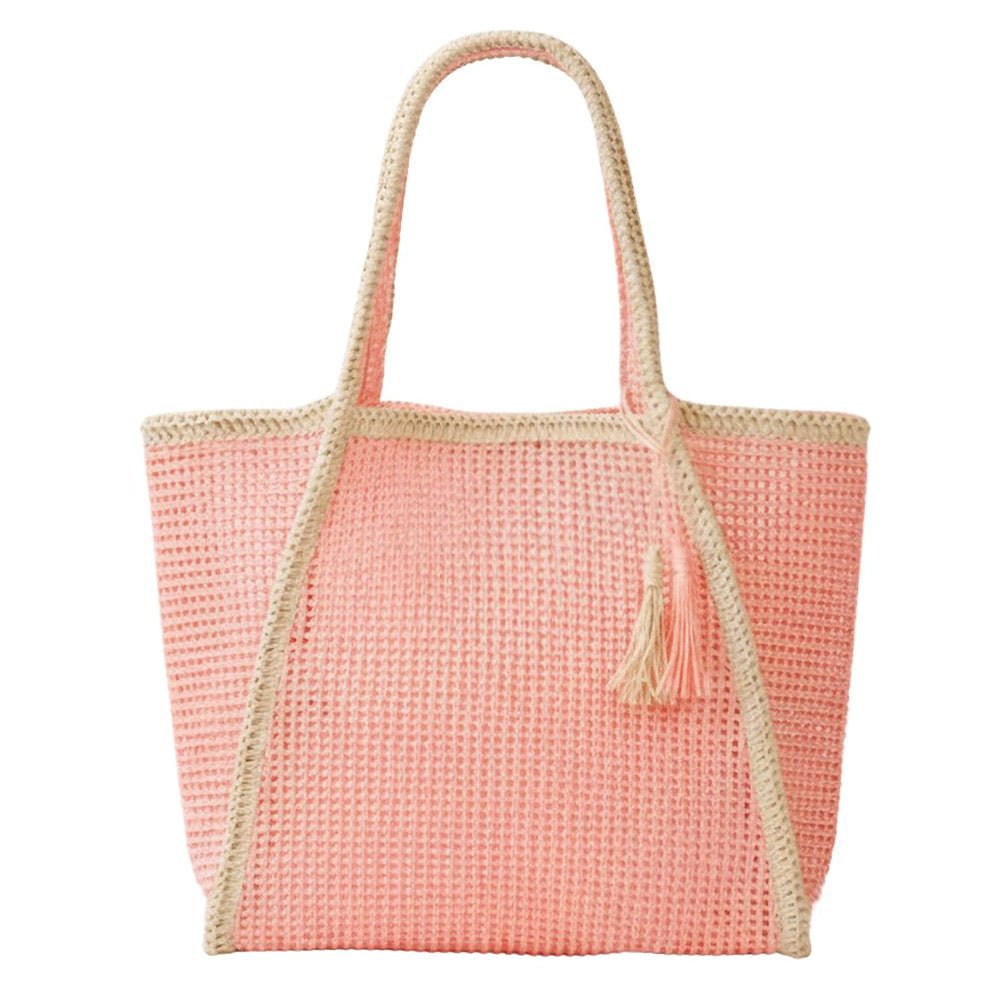 Tassel Accent Two Tone Woven Straw Tote Bag - Especially Yours