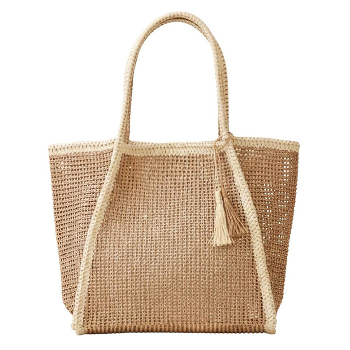 Tassel Accent Two Tone Woven Straw Tote Bag - Especially Yours
