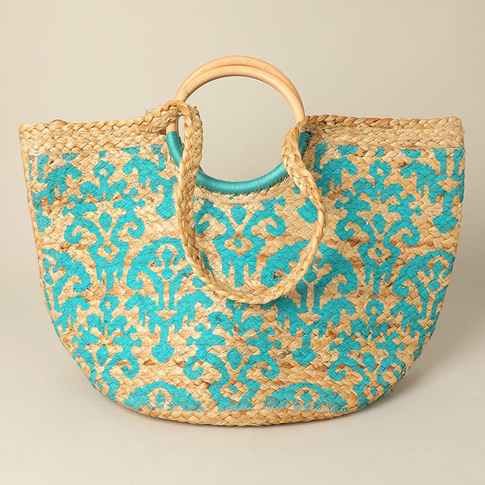 Abstract Pattern Wooden Top Handle Woven Tote Bag - Especially Yours