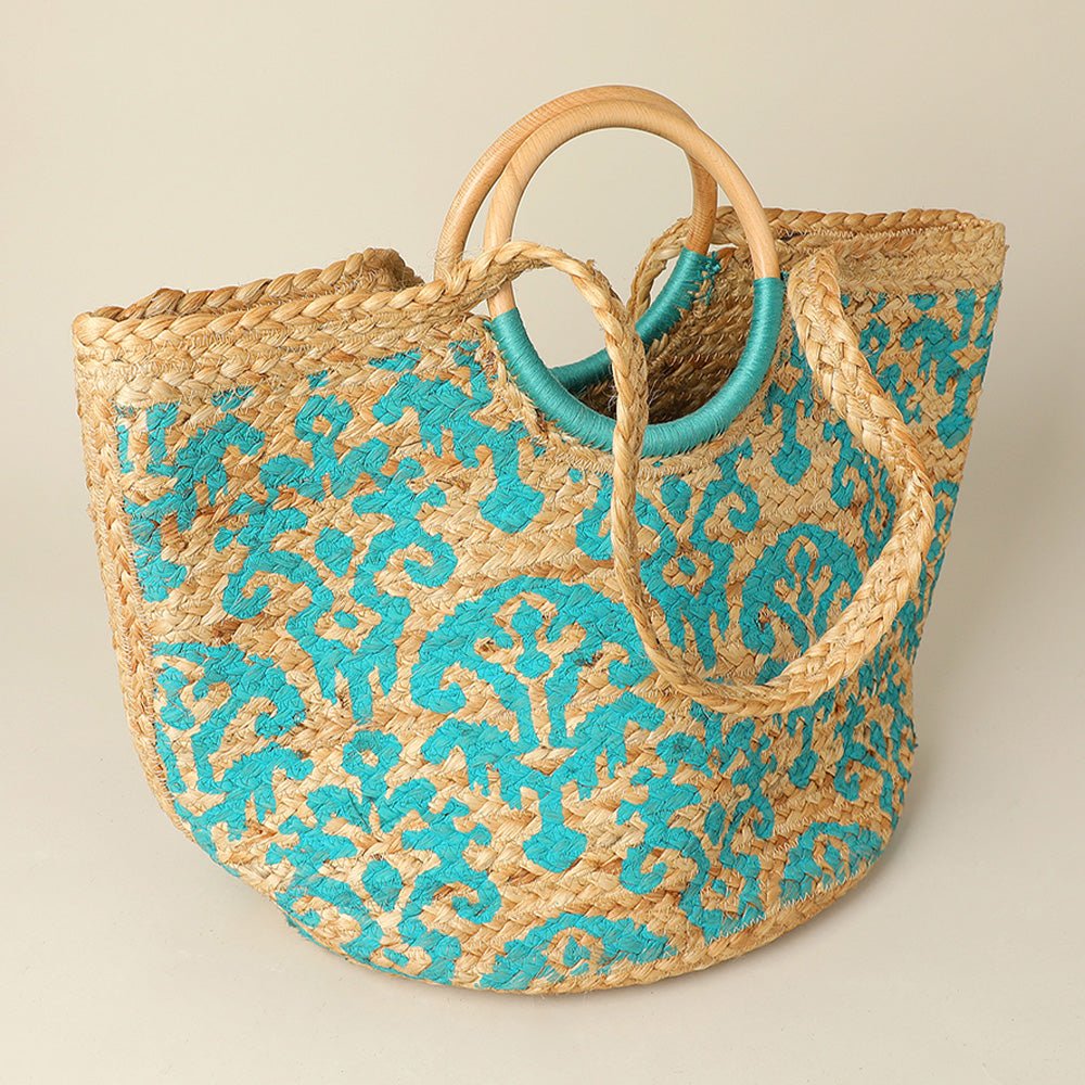 Abstract Pattern Wooden Top Handle Woven Tote Bag - Especially Yours