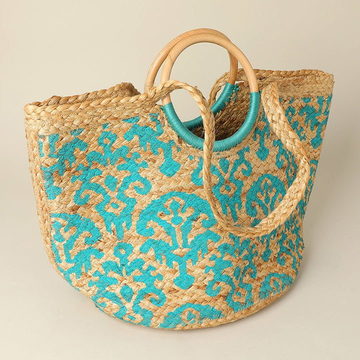 Abstract Pattern Wooden Top Handle Woven Tote Bag - Especially Yours