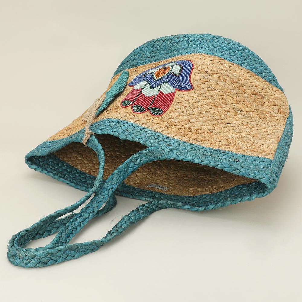 Embroidered Hamsa Hand Motif Accent Leaf Bag Charm Straw Woven Shoulder Tote Bag - Especially Yours