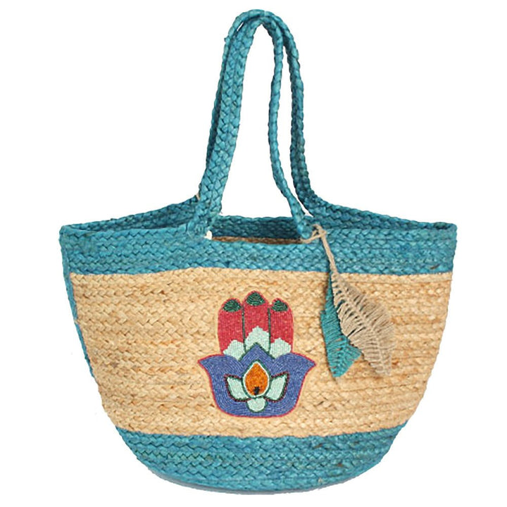 Embroidered Hamsa Hand Motif Accent Leaf Bag Charm Straw Woven Shoulder Tote Bag - Especially Yours