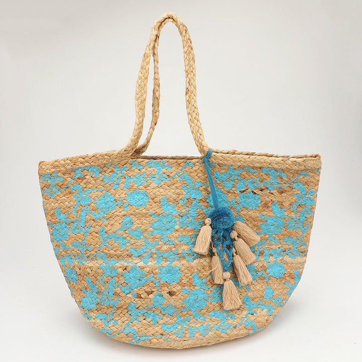 Splash Print Pom Multi Tassel Woven Straw Tote Bag - Especially Yours
