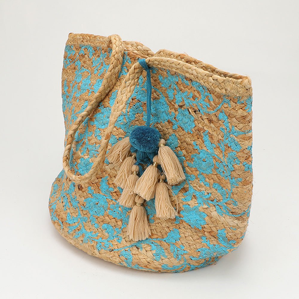 Splash Print Pom Multi Tassel Woven Straw Tote Bag - Especially Yours
