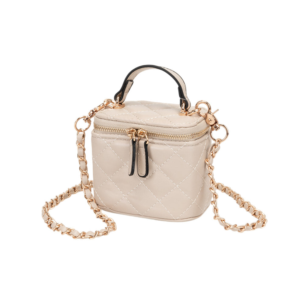 Faux Leather Quilted Top Handle Mini Vanity Box Crossbody Bag