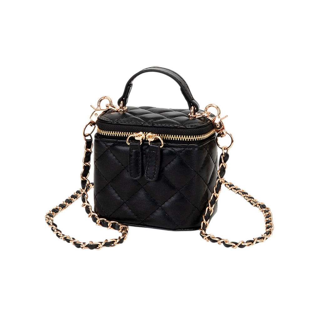 Faux Leather Quilted Top Handle Mini Vanity Box Crossbody Bag