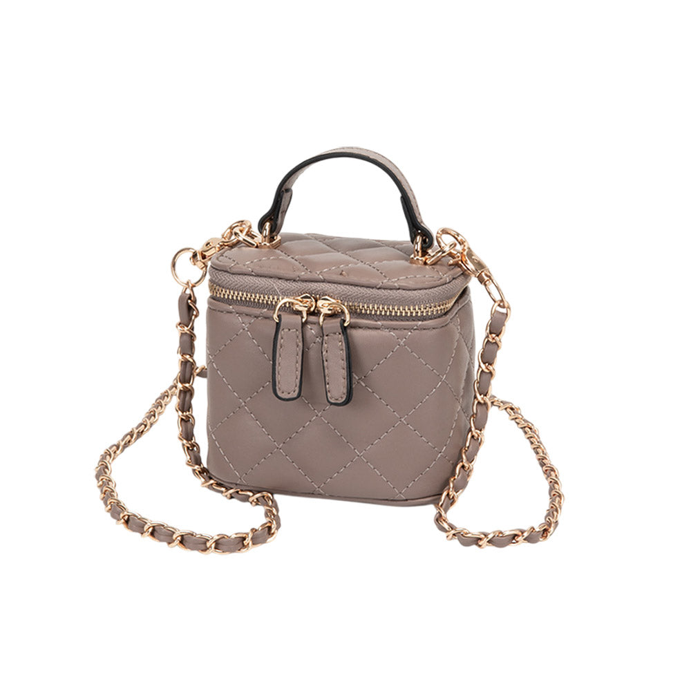 Faux Leather Quilted Top Handle Mini Vanity Box Crossbody Bag