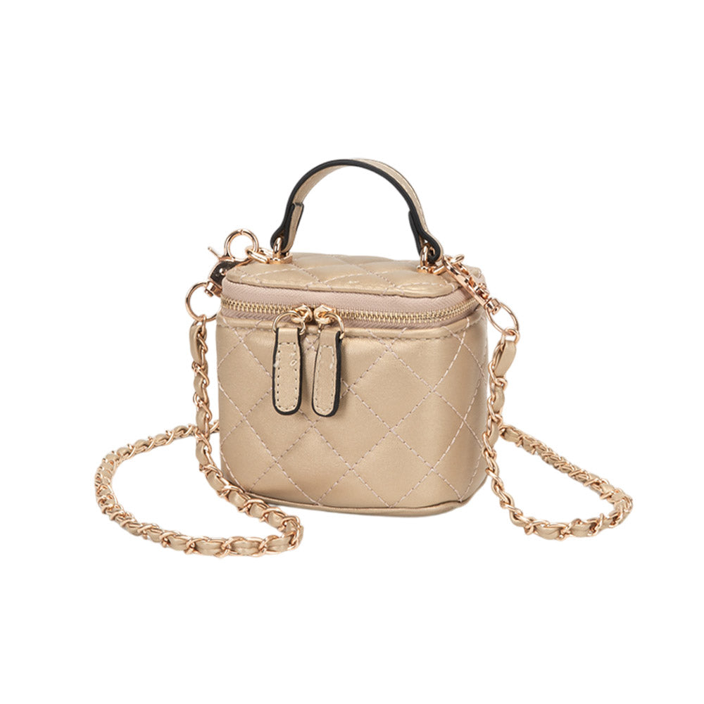 Faux Leather Quilted Top Handle Mini Vanity Box Crossbody Bag