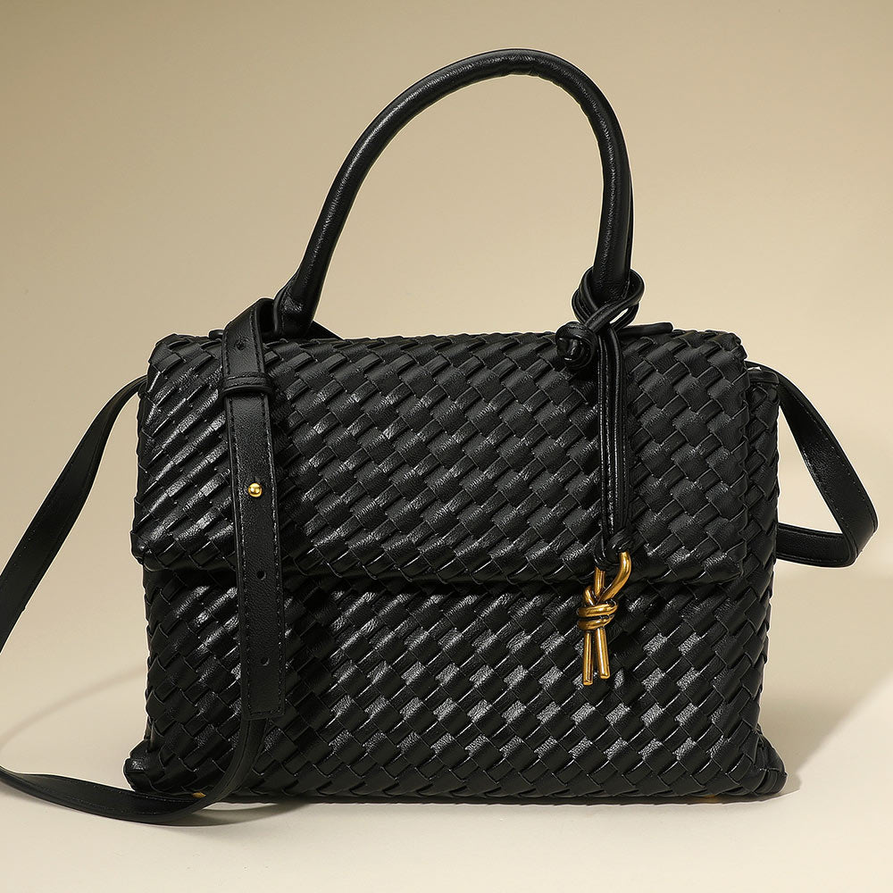 Faux Leather Woven Structured Top Handle Handbag Crossbody Bag - Especially Yours