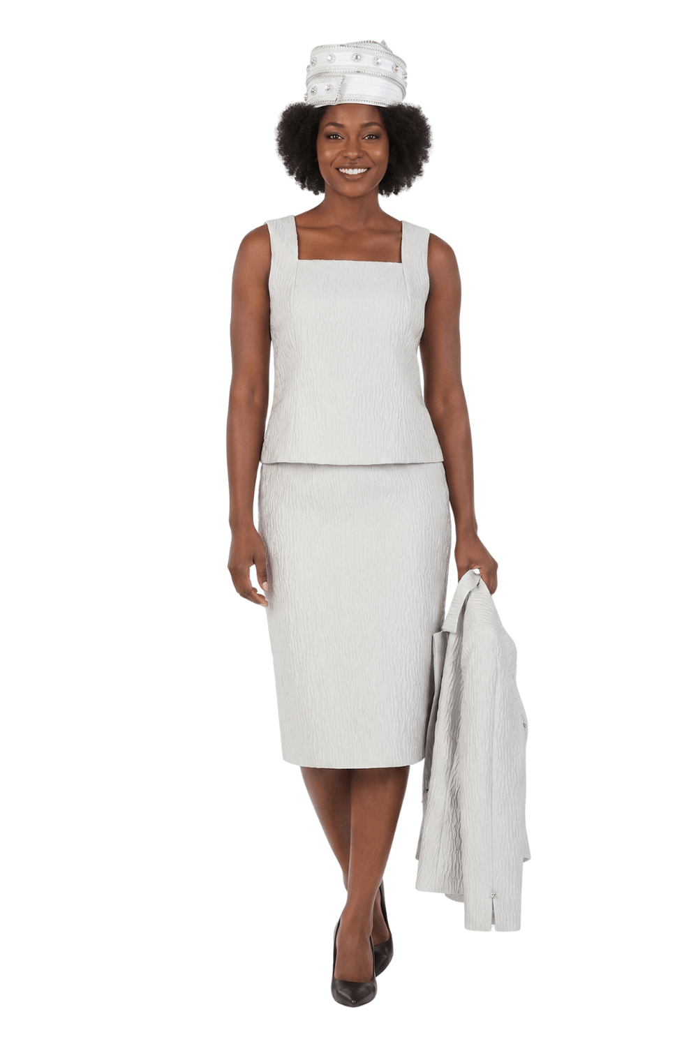 3pc Notch Collar Textured Fabric Skirt Suit - Especially Yours
