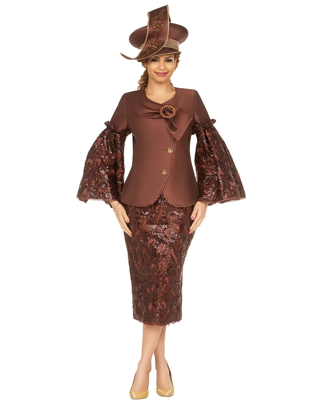 2pc Bell Slv Sequined Lace&Silky Twill Skirt Suit - Especially Yours