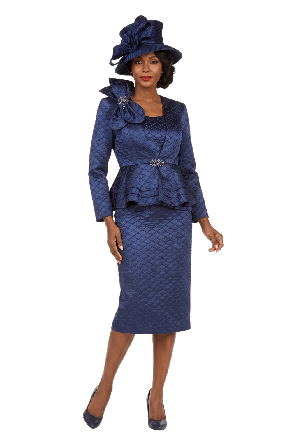 3pc Quilted Peplum Skirt Suit with Brooch - Especially Yours