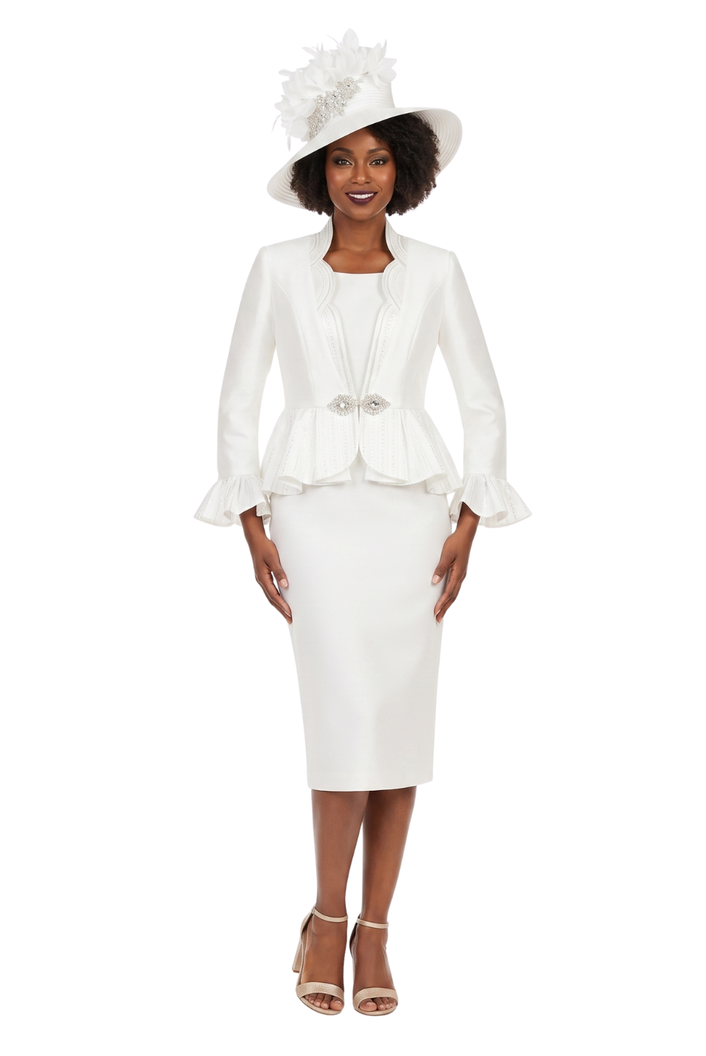Silky 3pc Peplum Skirt Suit w/ Scalloped Trim